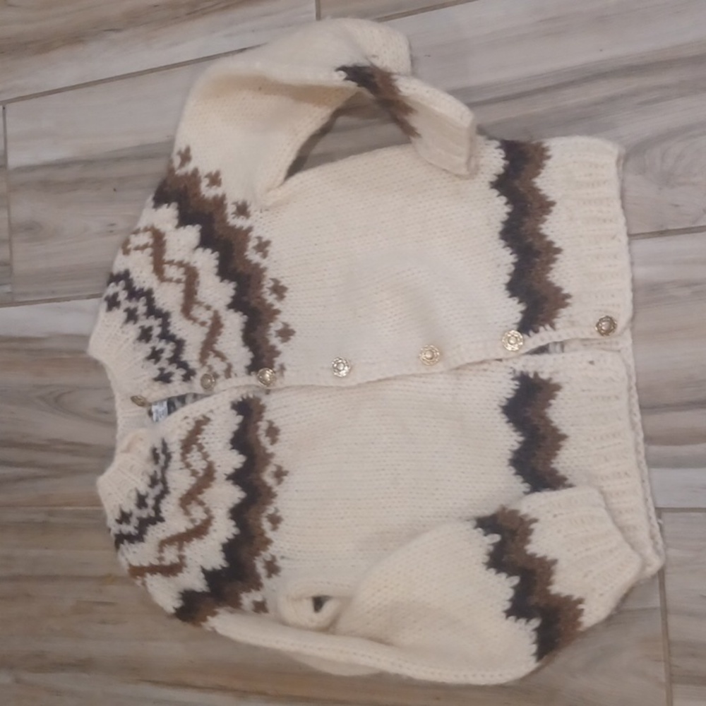 Vintage Cream and Brown Icelandic Fair Isle Knit Wool Cardigan